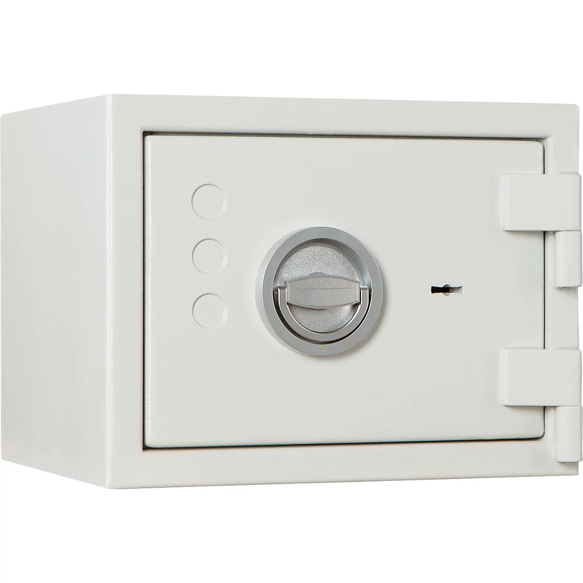 Witte kluis met ronde draaisluiting en sleutelgat. Drie kleine cirkels naast het slot.