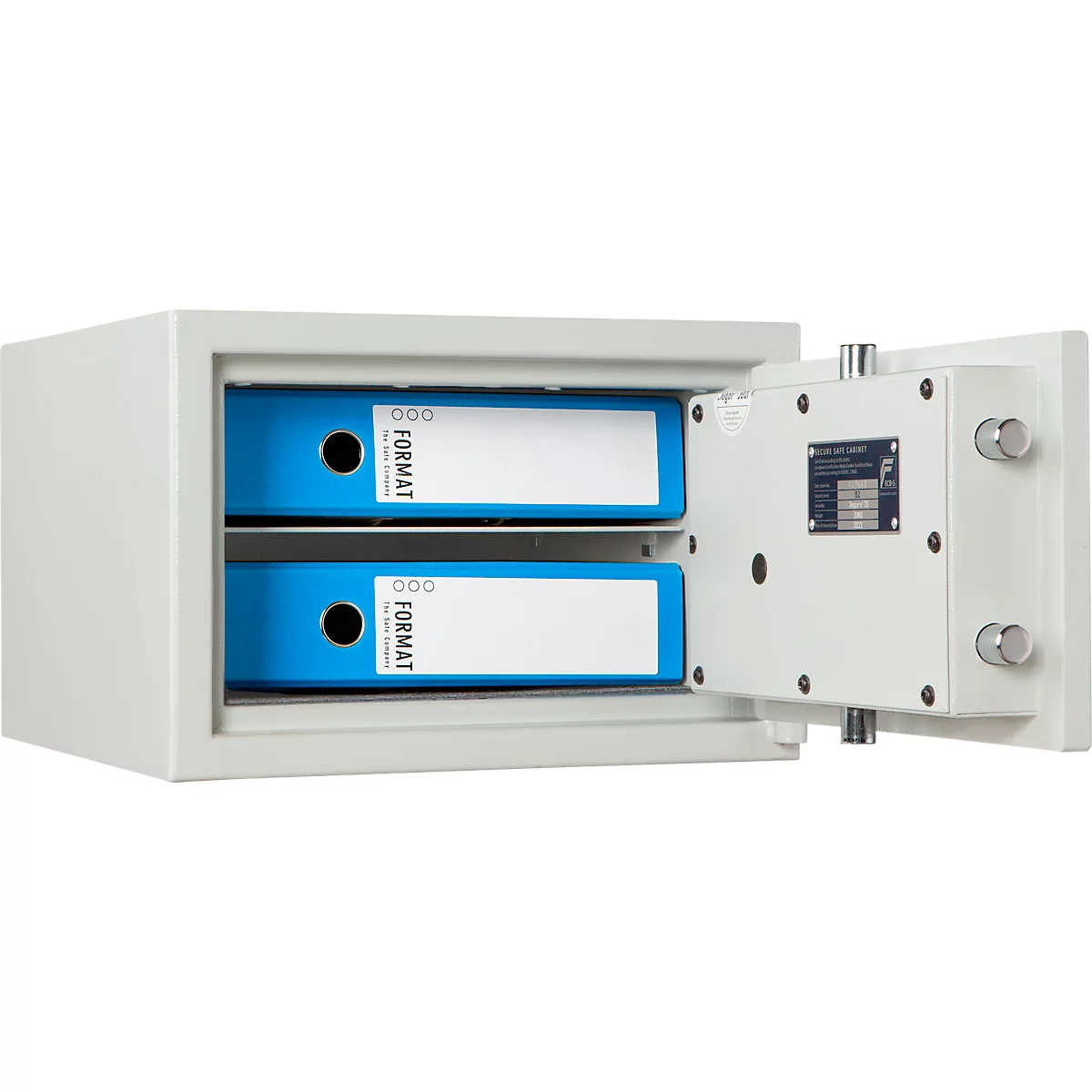 Open kluis met blauwe mappen, veilige opslag van belangrijke documenten.