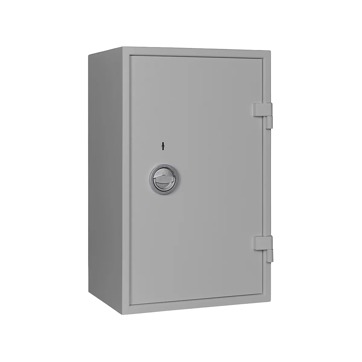 Grey safe against light background. With rotary lock and keyhole.