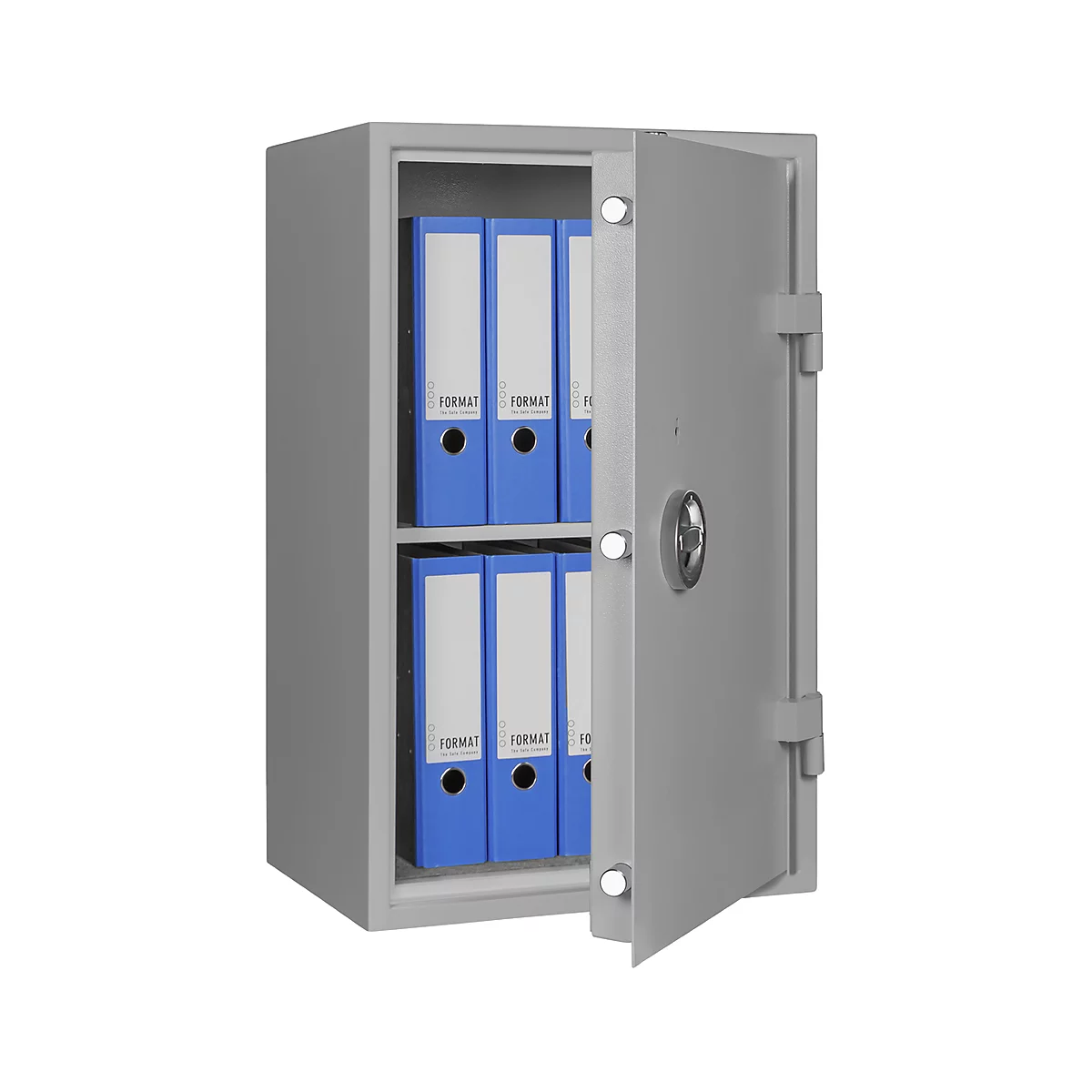 An open safe with blue binders. The safe is gray, the door half open. The binders say "FORMAT".