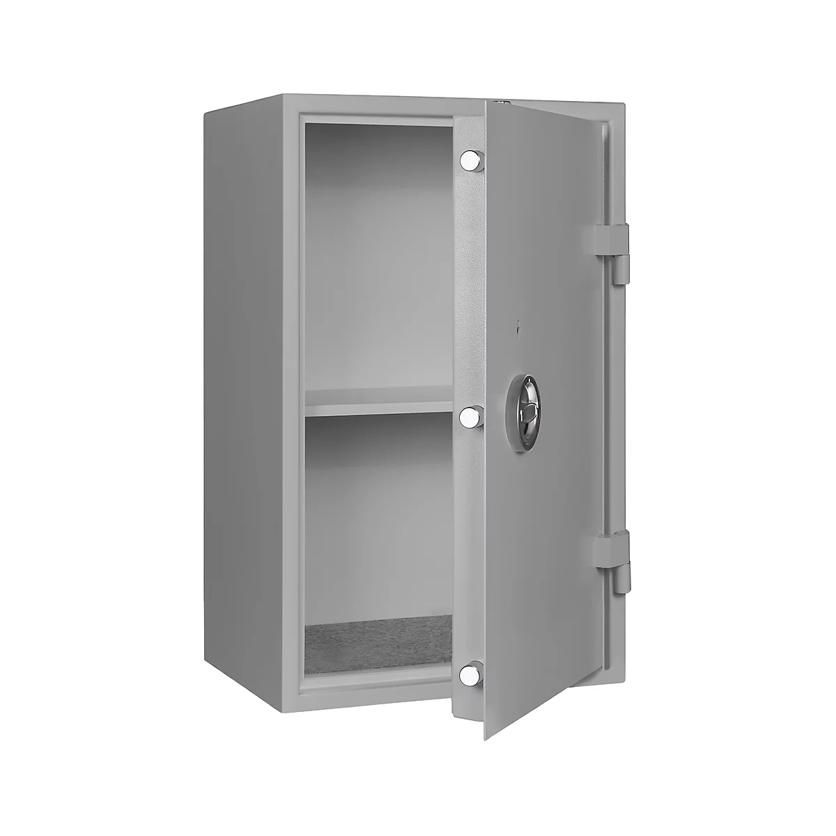 A gray safe with the door open, revealing two compartments inside. The floor of the safe is lined with gray fabric.