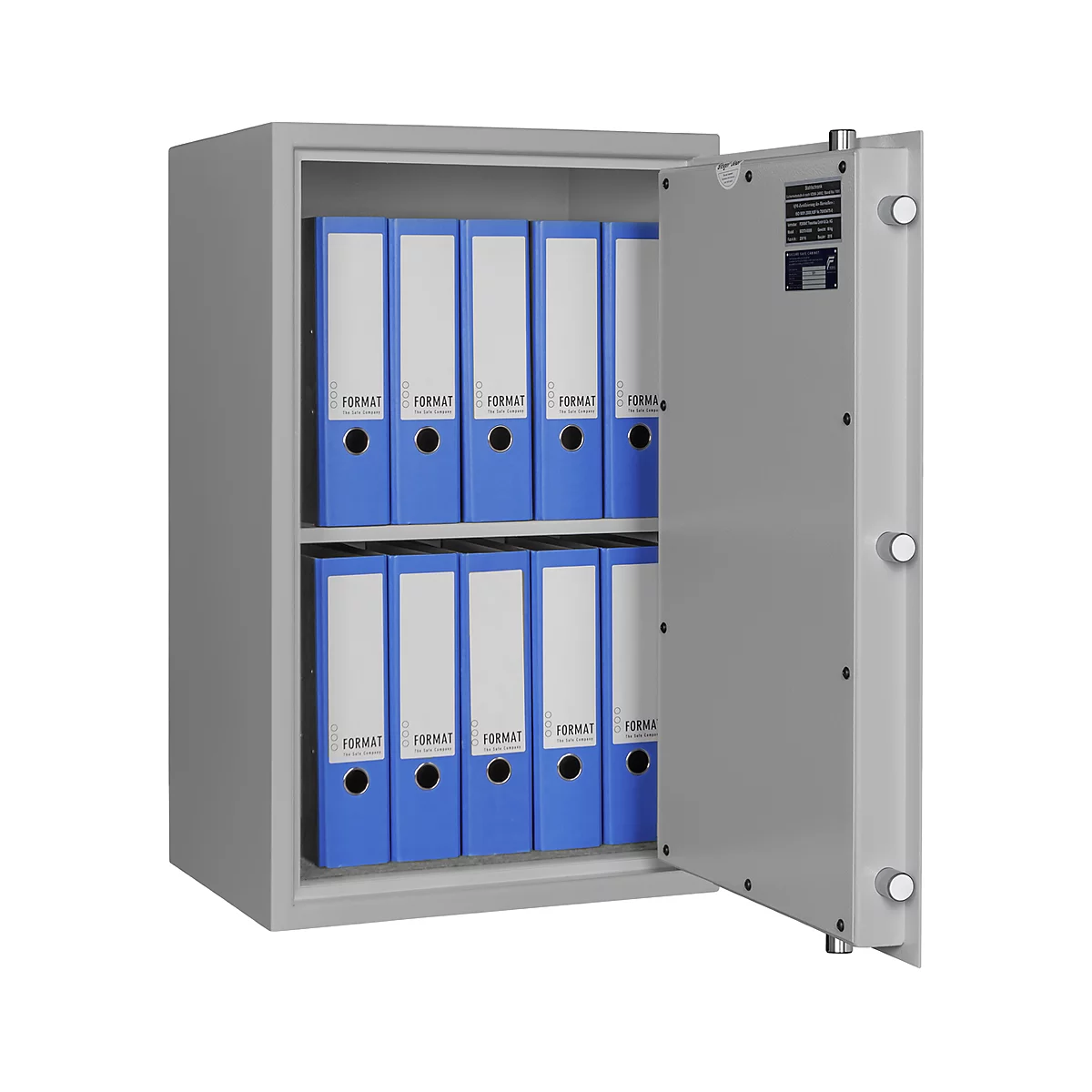 Open steel door with blue folders on shelves. The door has a FORMAT lettering.