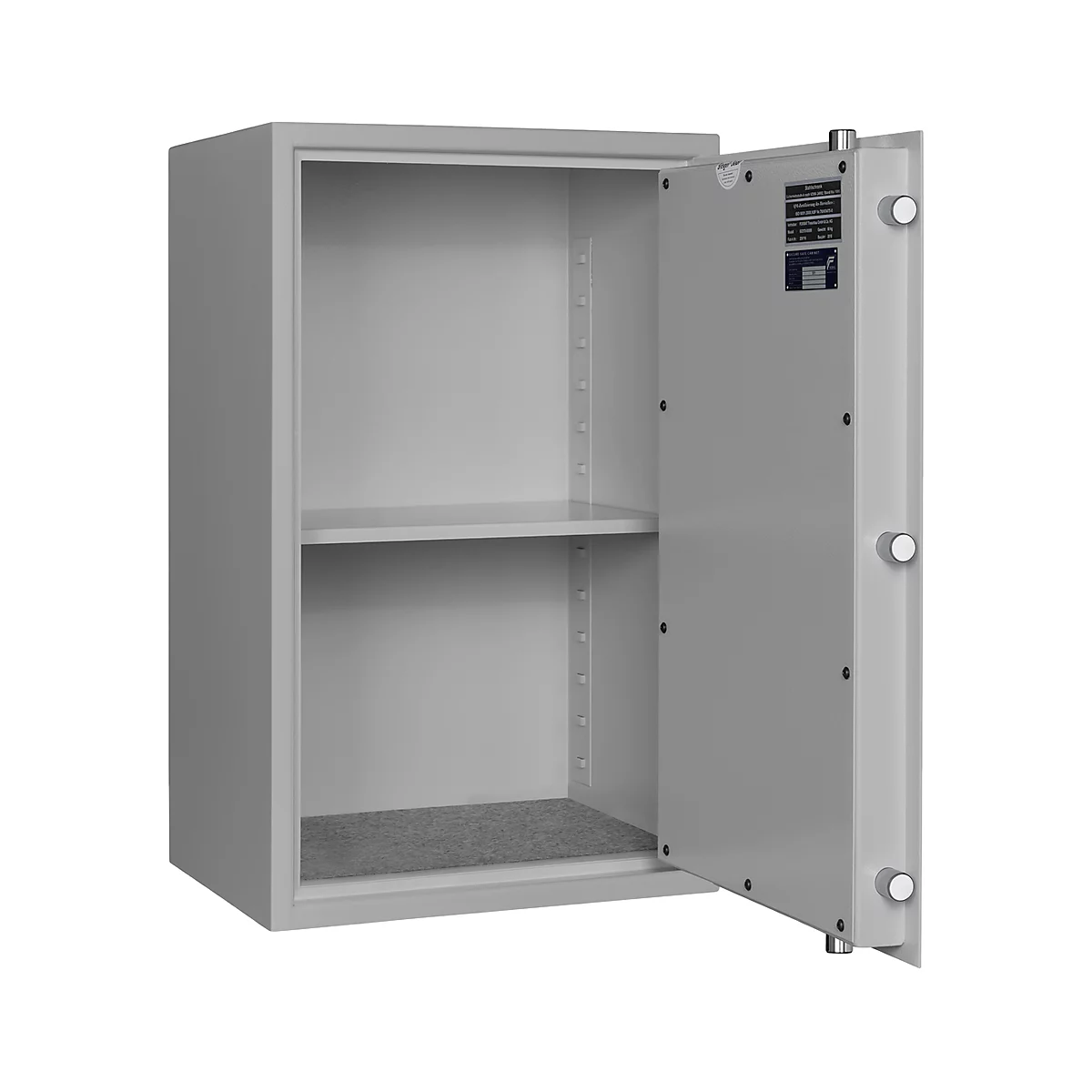 Grey safe with open door, two shelves. A label is attached to the door.