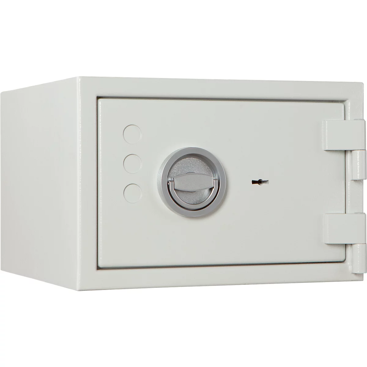 Un coffre-fort blanc avec une poignée ronde et un trou de serrure.