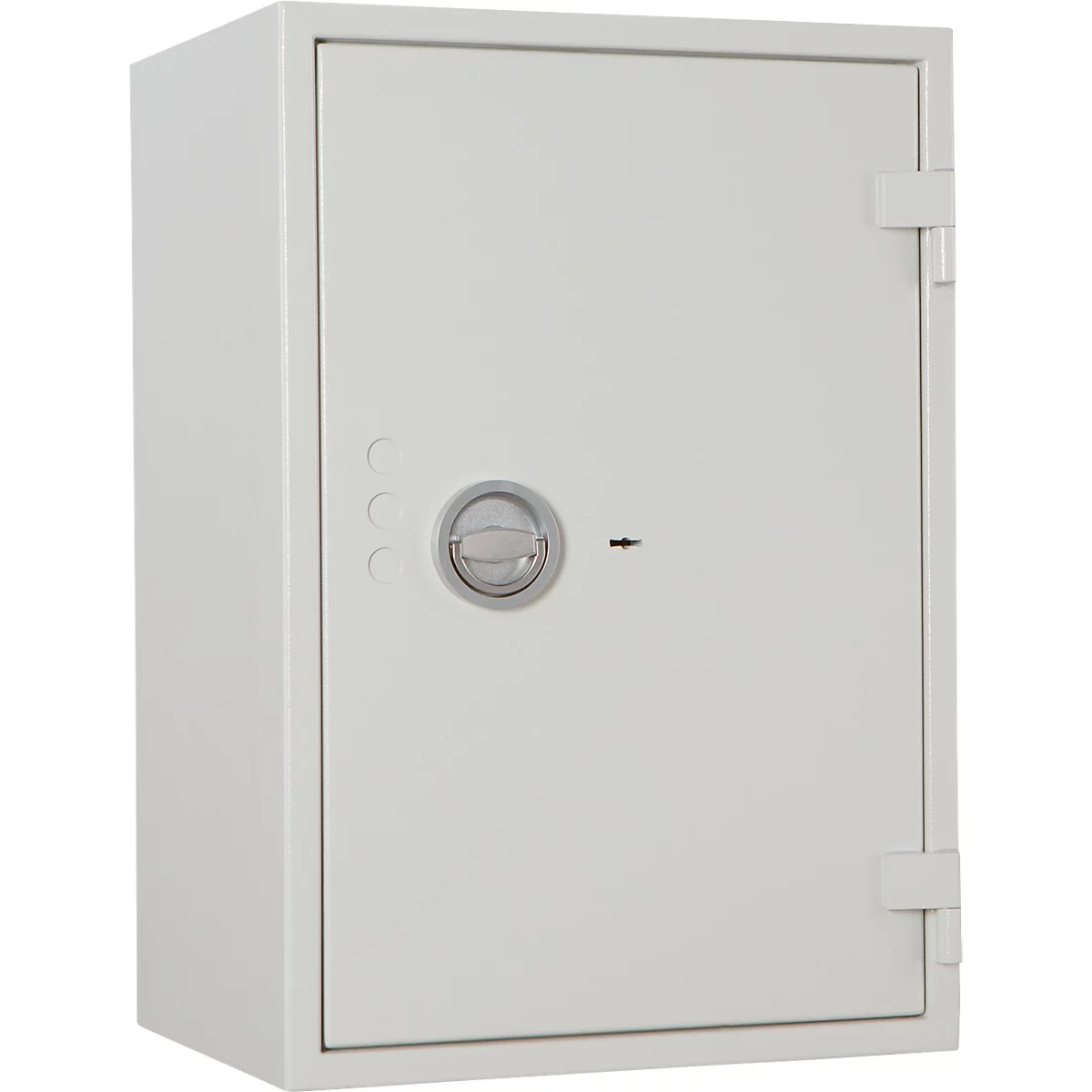 Coffre-fort blanc avec serrure ronde, trou de serrure et trois voyants.