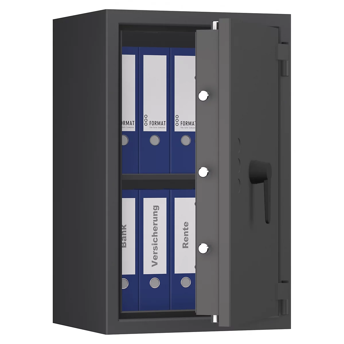 Een open donkere kluis met blauwe mappen. Op de mappen staan de woorden bank, verzekering en pensioen.