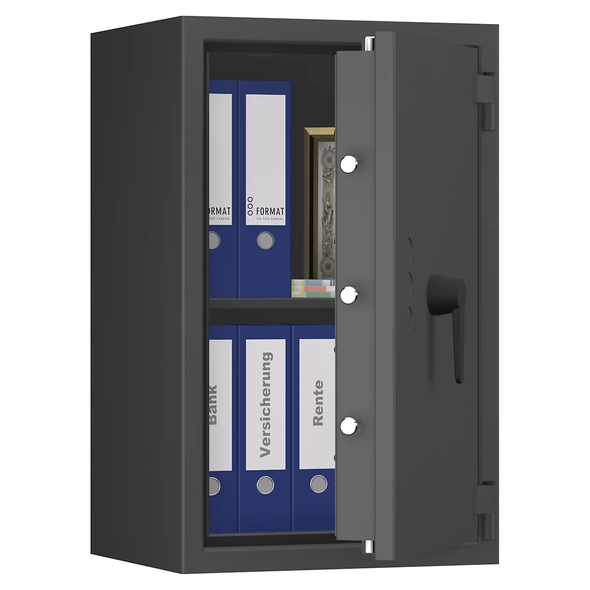 Grijze kluis, iets geopend. Binnenin blauwe mappen met labels als Bank, Verzekering en Pensioen, en een kleine gouden decoratie.