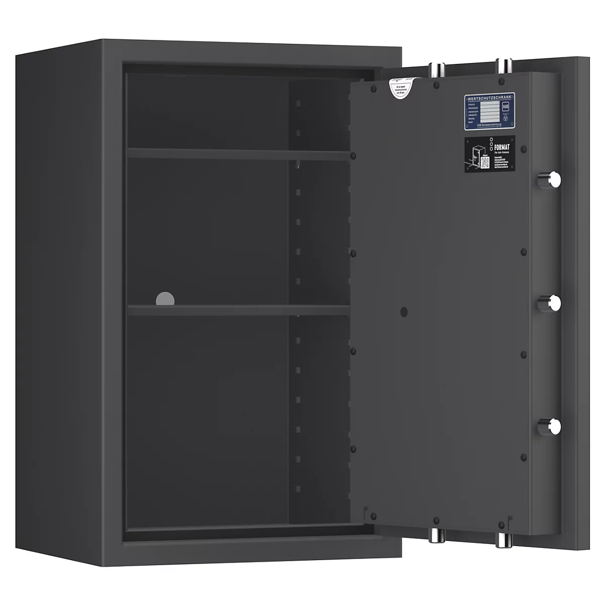 Grijze kluis, open deur, twee planken, bedieningspaneel op de deur. Zilveren sluitingen.