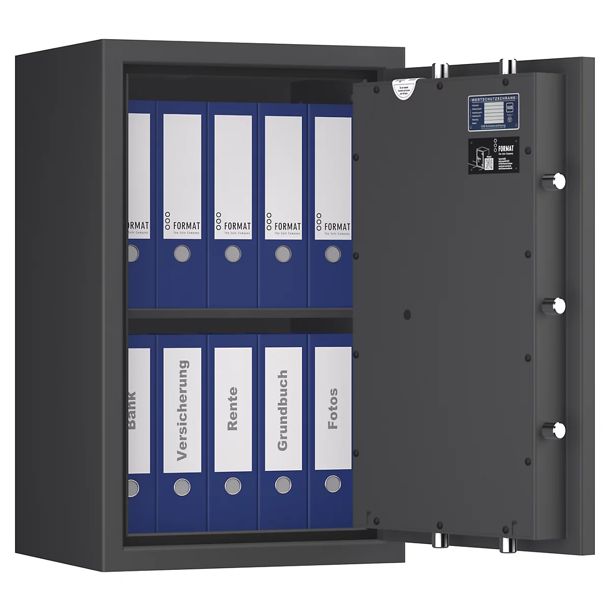 Grijze kluis, open. Binnenin ordners, papieren en elektronische apparaten.