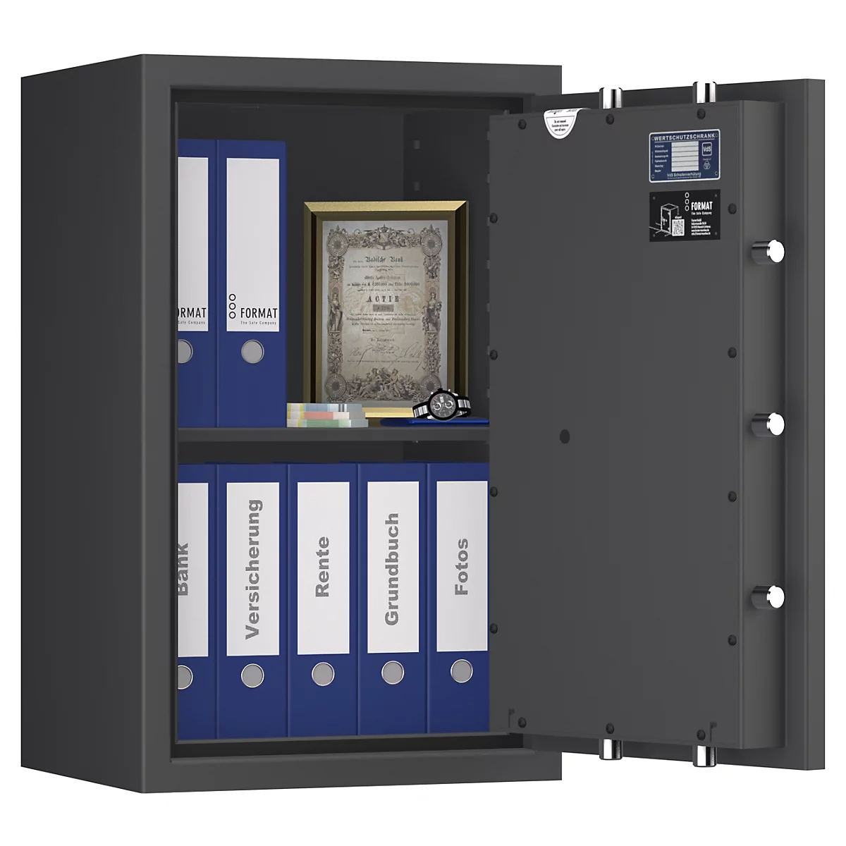 Grijze kluis, open, met ordners en een ingelijst document. Er liggen een horloge en bankbiljetten op de plank.