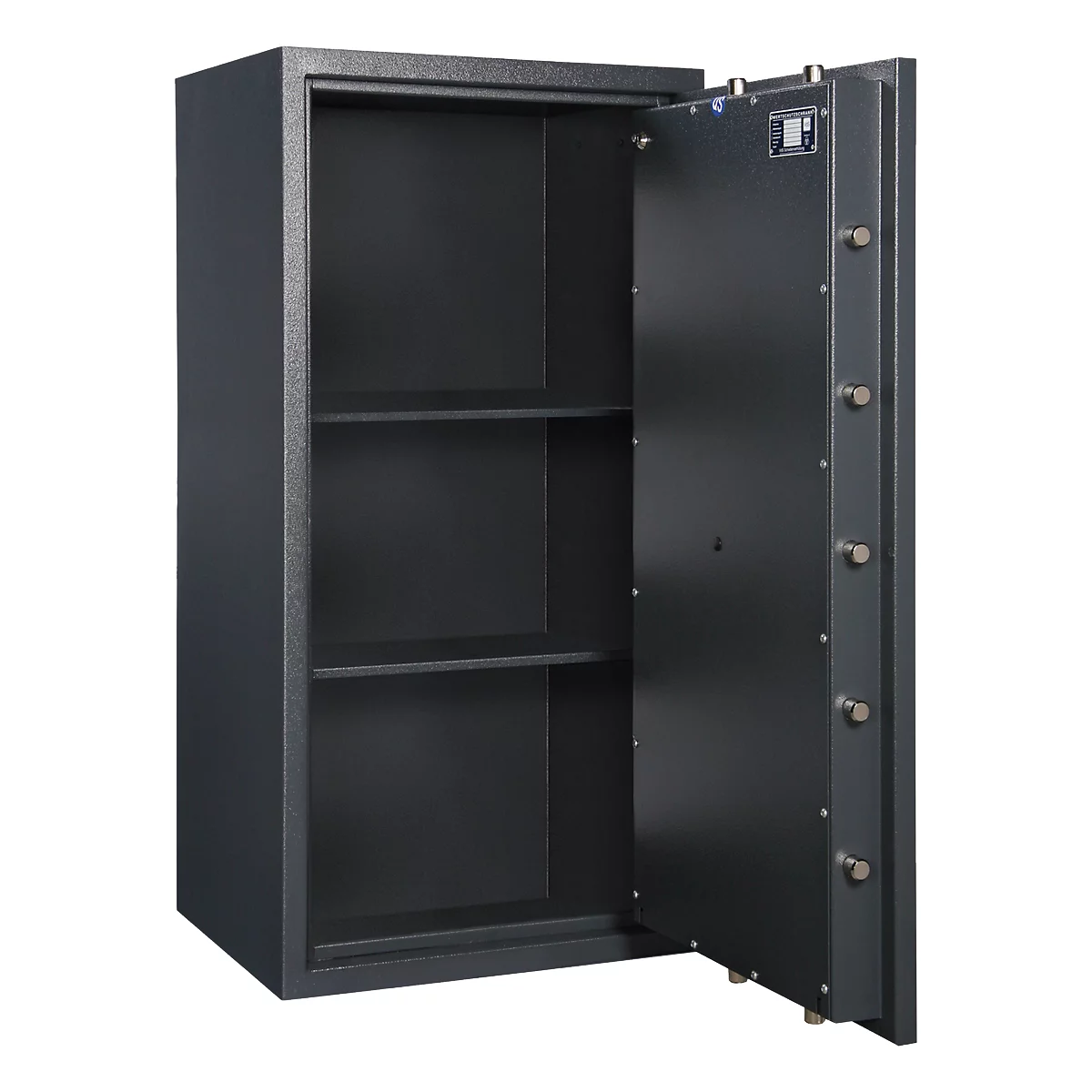 Open, zwarte kluisdeur met drie planken.