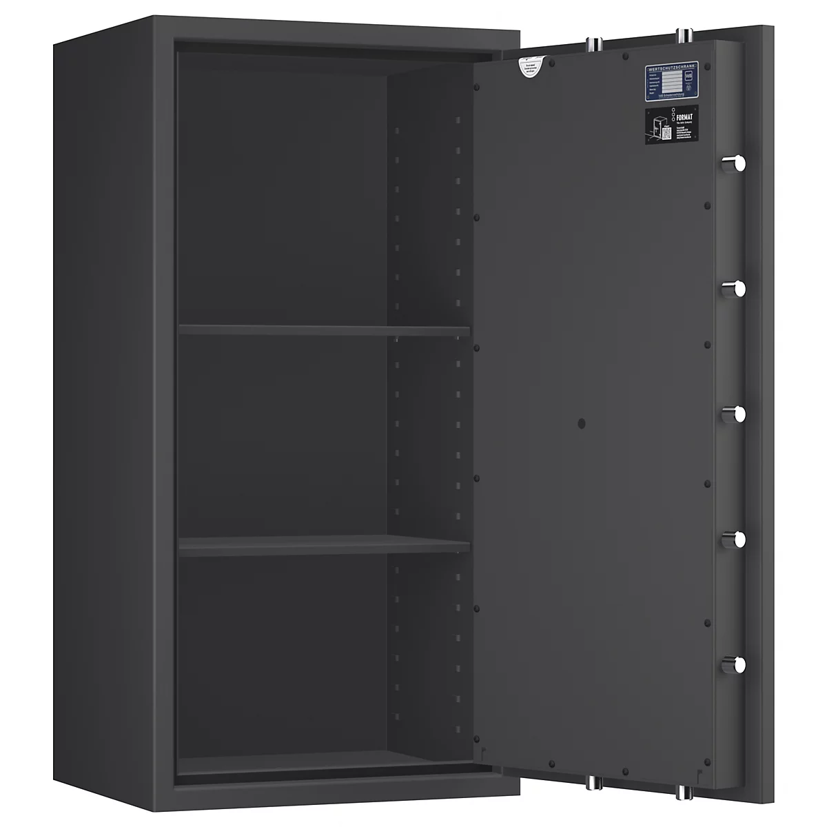 Grijze kluis met open deur. Binnenin twee planken, deur met elektronica. Veiligheidsconcept.