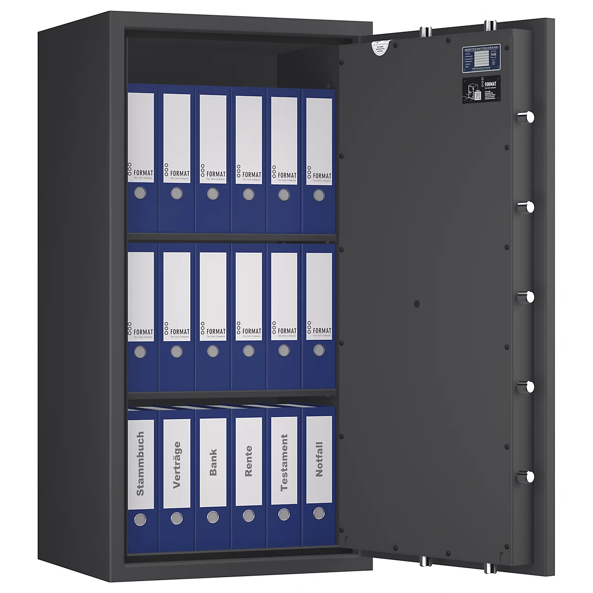 Een geopende, grijze kluis met blauwe mappen. Op de mappen staan termen als stamboek, contracten, bank, pensioen, testament en noodgeval.