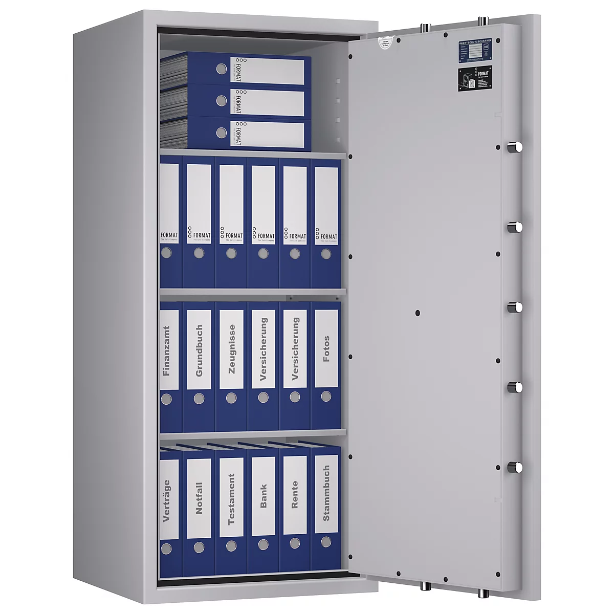 Open kluis met blauwe mappen. Op de mappen staan termen als belastingdienst, kadaster en verzekeringen.