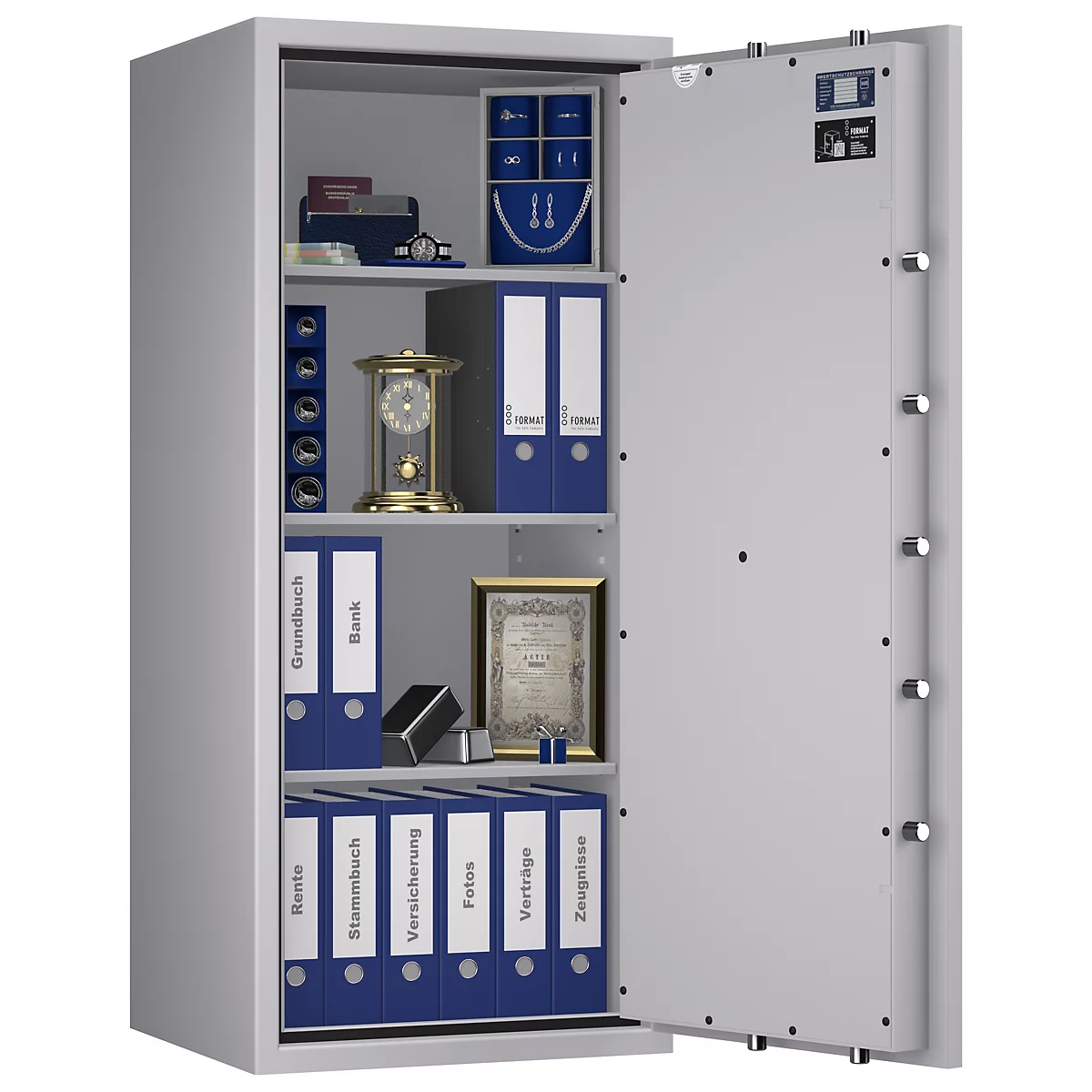 Open kluis met ordners, klokken en sieraden. Grijze metalen deur, blauwe en witte ordners.