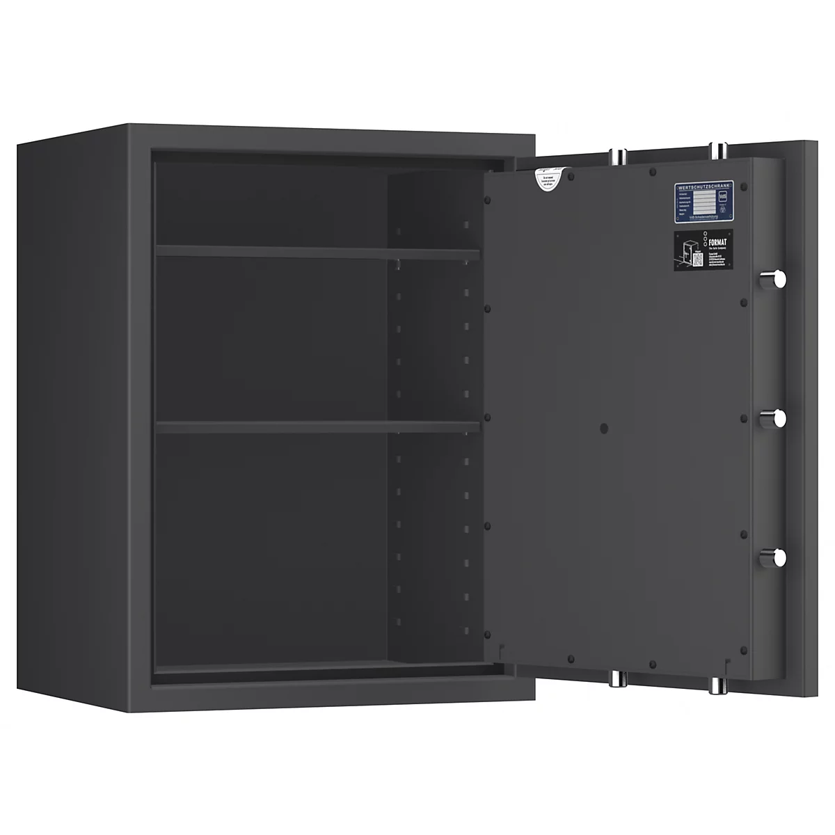 Een geopende grijze kluis met twee planken. Op de deur zijn een bedieningspaneel en grendels te zien.