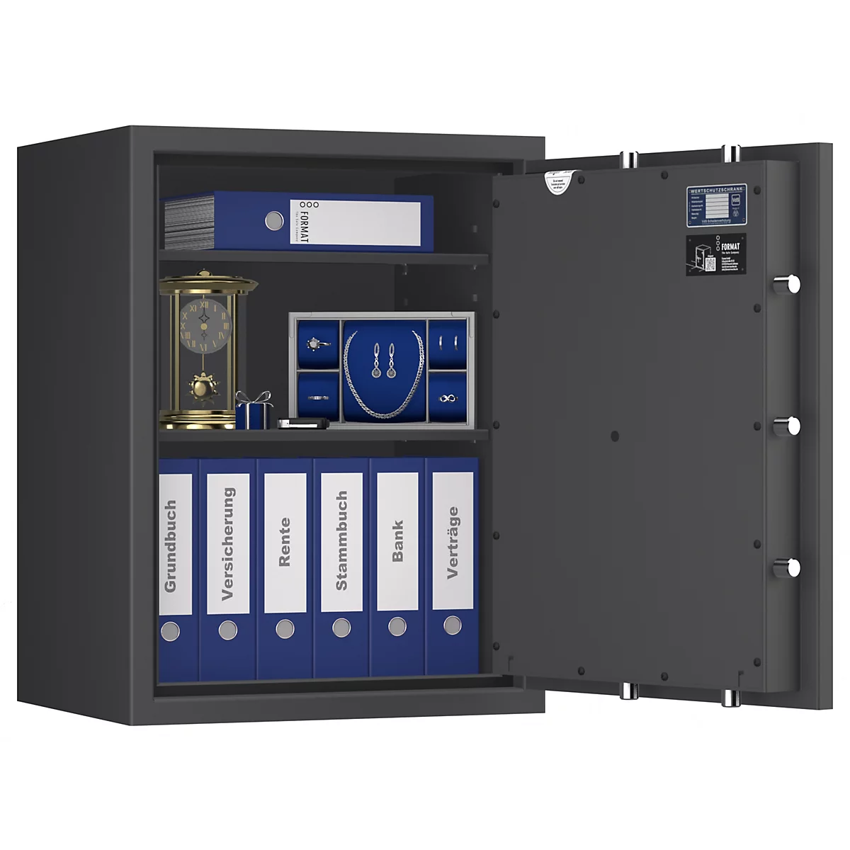 Open kluis met documenten, sieraden en klok. Labels: kadaster, verzekering, pensioen, stamboom, bank, contracten.