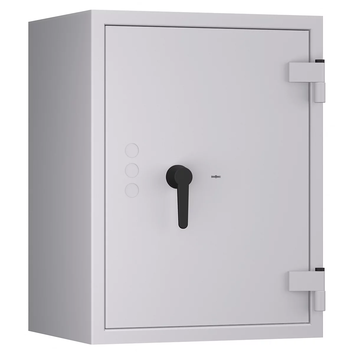 Grijze kluis met zwarte handgreep en drie ronde knoppen. De kluis staat tegen een witte achtergrond.
