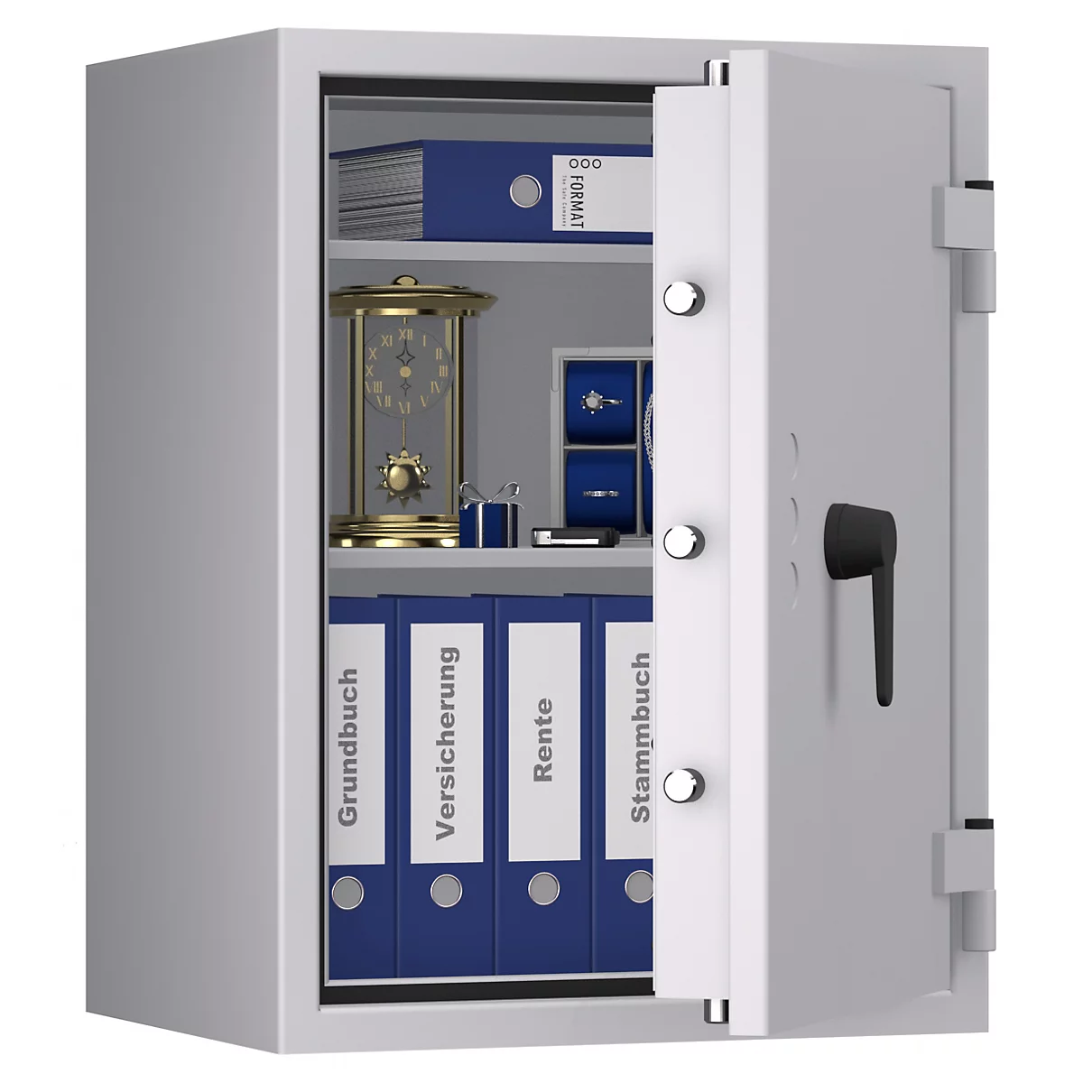 Een geopende kluis met blauw gebonden mappen, een klok en sieraden. Op de mappen staan de termen: Grundbuch, Versicherung, Rente, Stammbuch.