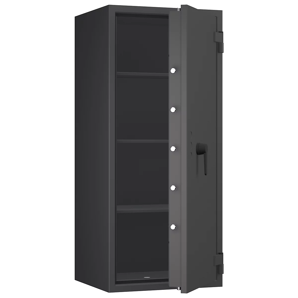 Een open, donker stalen kast met drie planken. De deur staat half open en toont de binnenkant van de kast.