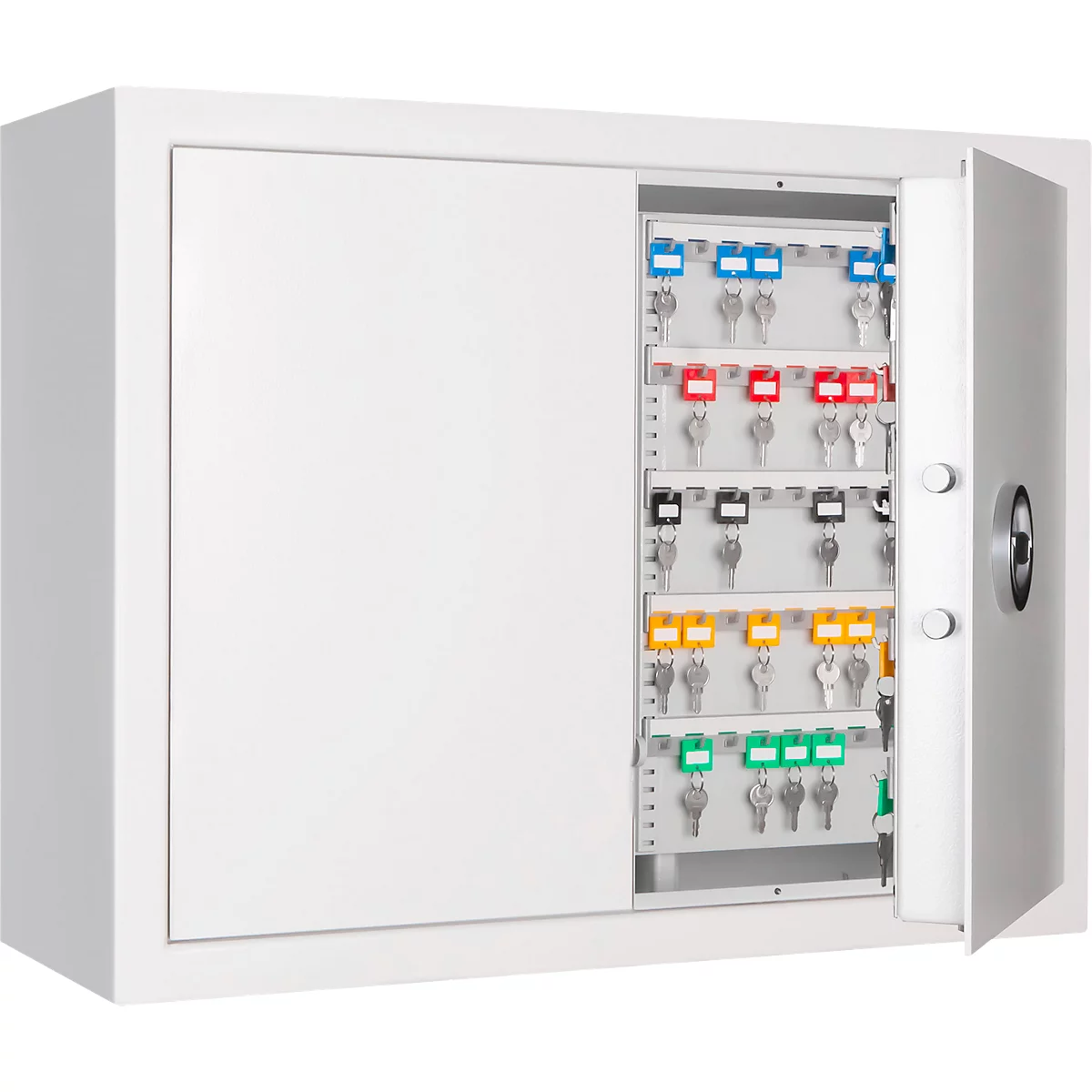 Witte sleutelkast met open deur, vol sleutels met gekleurde labels.