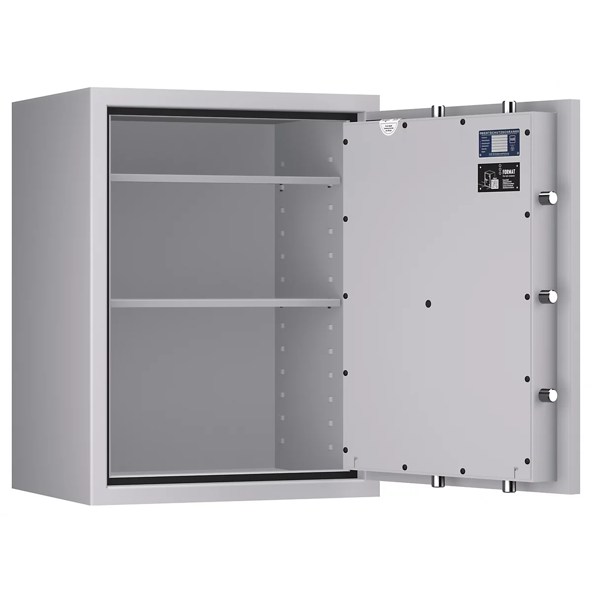 Grauer Tresor, offene Tür, zwei Einlegeböden. Auf der Tür sind ein Bedienfeld und Riegel zu sehen.