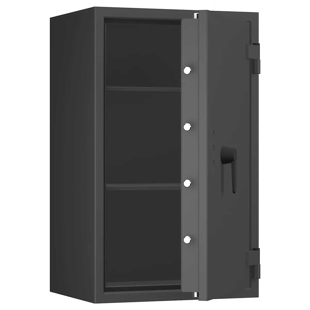 Ein geöffneter, grauer Tresor mit zwei Regalen, die Tür steht halb offen.
