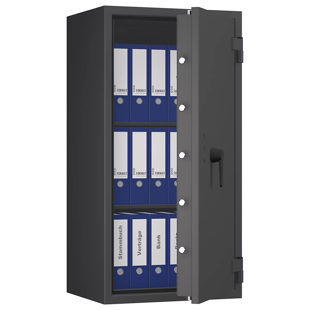 Grauer Tresor, halb geöffnet, mit blauen Ordnern. Aufschrift auf den Ordnern: Stammenbuch, Verträge, Bank.