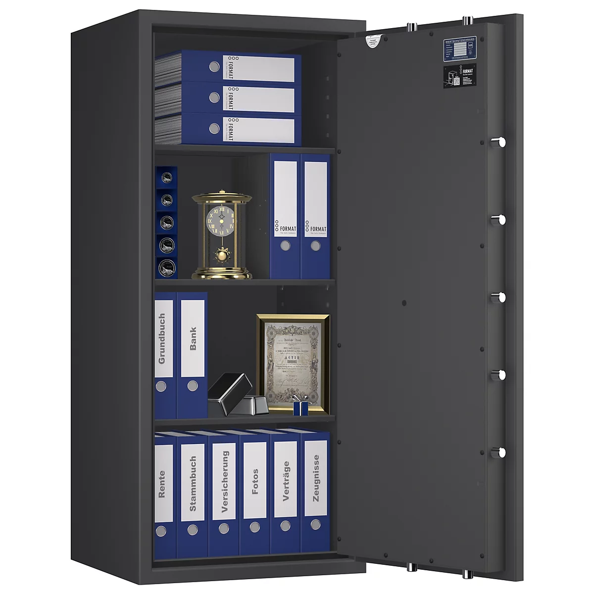 Offener, dunkler Tresor mit Einrichtungsgegenständen wie Ordnern und einer Uhr.