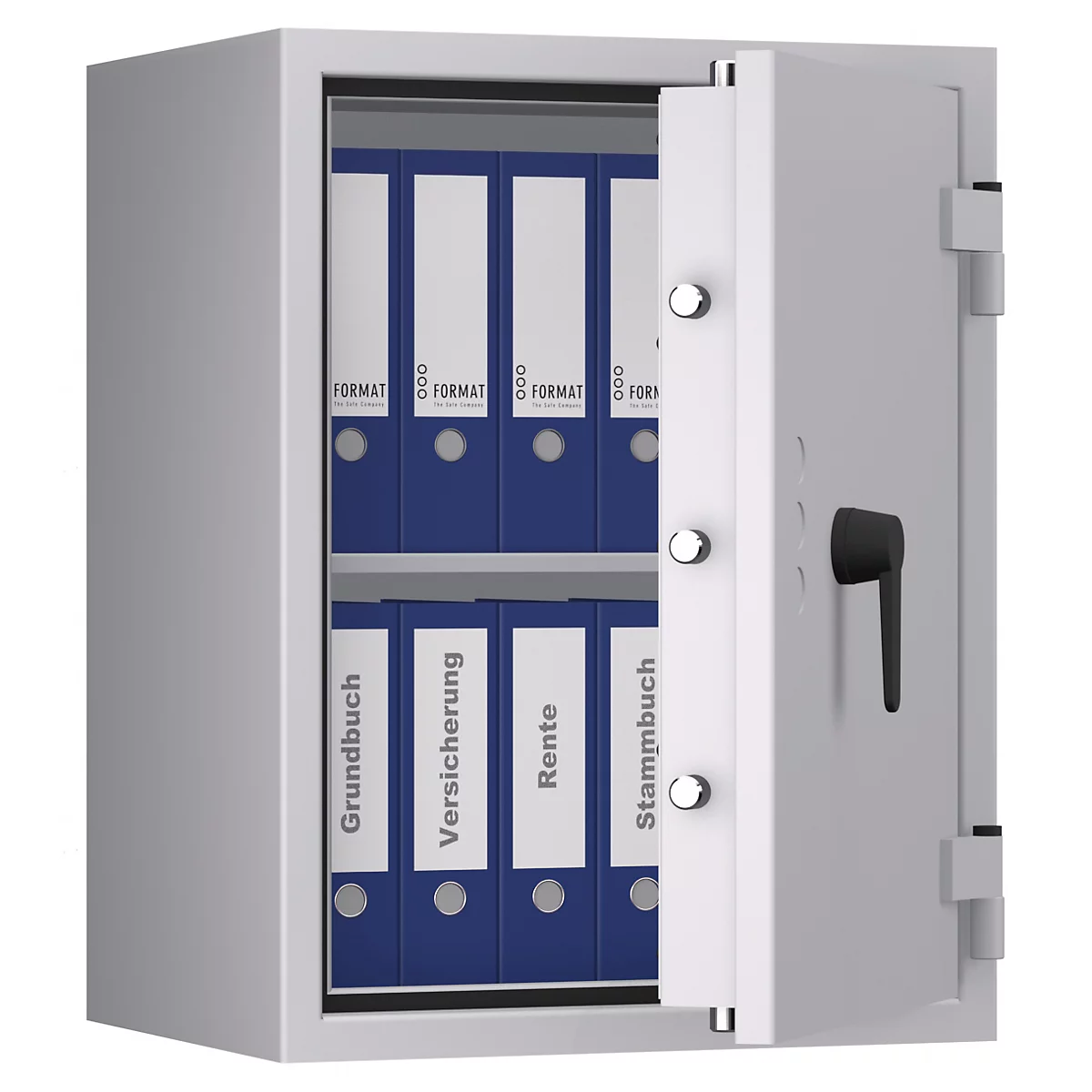 Ein silberner Tresor, dessen Tür geöffnet ist und blaue Ordner mit Beschriftungen wie „Grundbuch“, „Versicherung“ und „Rente“ zeigt.