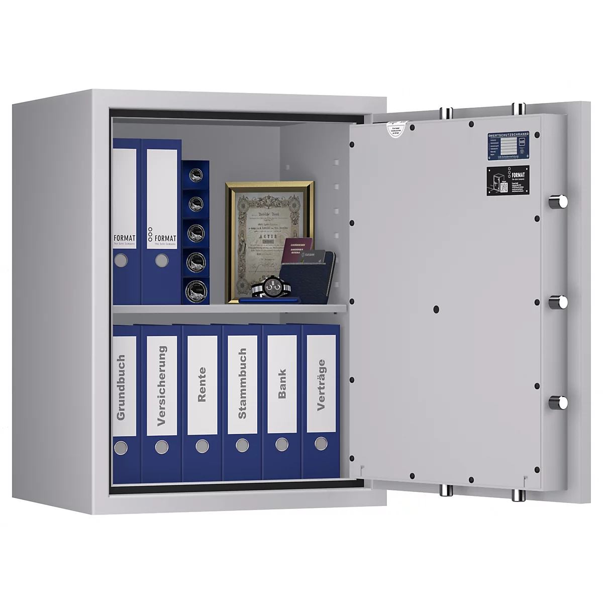 Ein geöffneter Tresor mit Ordnern, Dokumenten, Uhr und Schmuck. Aufschrift auf den Ordnern: Grundbuch, Versicherung, Rente, Stammbuch, Bank, Verträge.