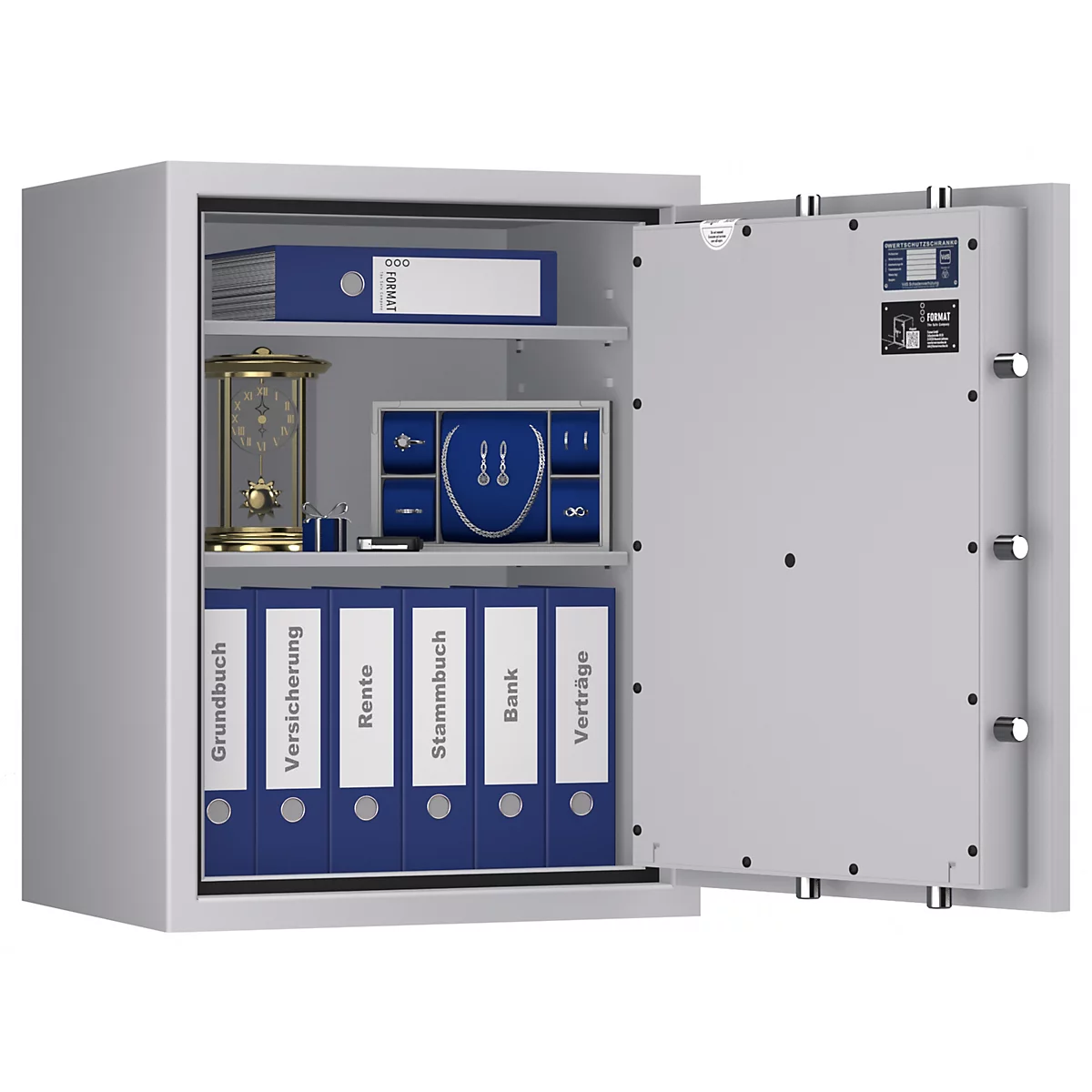 Geöffneter Tresor mit Ordnern, Schmuck und Uhr. Auf den Ordnern stehen die Begriffe: Grundbuch, Versicherung, Rente, Stammbuch, Bank, Verträge.