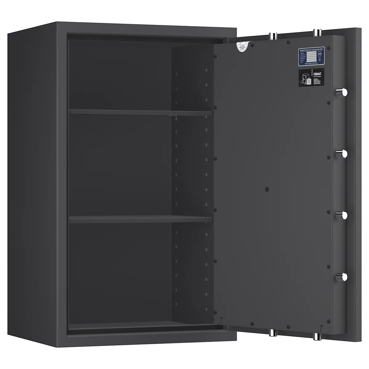 Grauer Tresor mit geöffneter Tür, Innenraum mit Regalen. Auf der Tür sind Bedienfelder sichtbar.