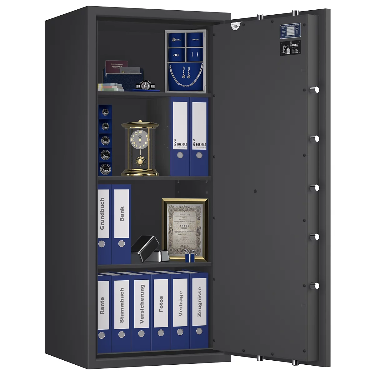 Ein geöffneter Tresor mit verschiedenen Gegenständen wie Aktenordnern, einer Uhr und Schmuck. Graues Gehäuse, blaue Aktenordner.