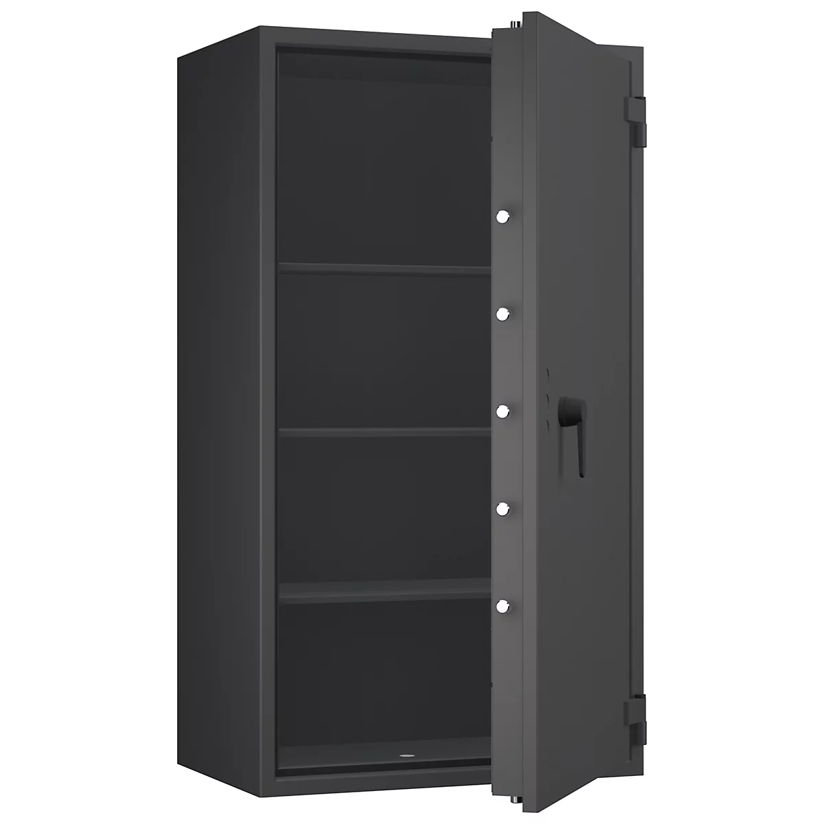 Grauer Tresor, offene Tür, Innenraum mit drei Einlegeböden. Schwarzer Griff und Scharniere.