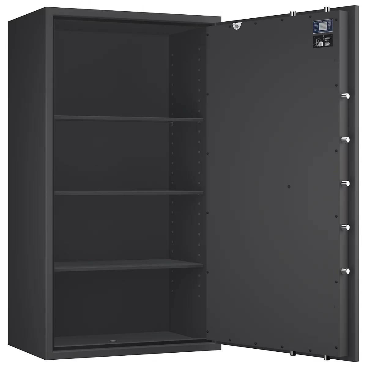 Dunkelgrauer Tresor mit offener Tür. Innenregale sichtbar. Details wie Scharniere und digitales Bedienfeld.