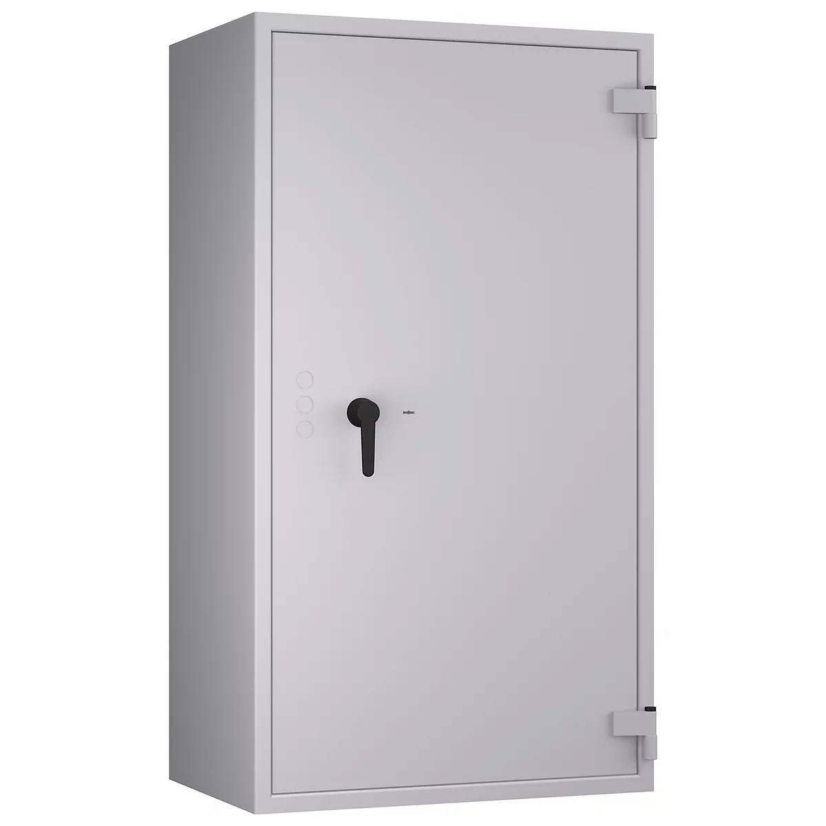 Grauer Tresor vor weissem Hintergrund. Schwarzer Griff und Zahlencode sichtbar.