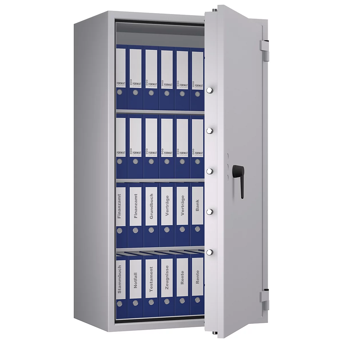 Grauer Tresor mit geöffneter Tür, gefüllt mit blauen Ordnern. Auf den Ordnern stehen Beschriftungen.