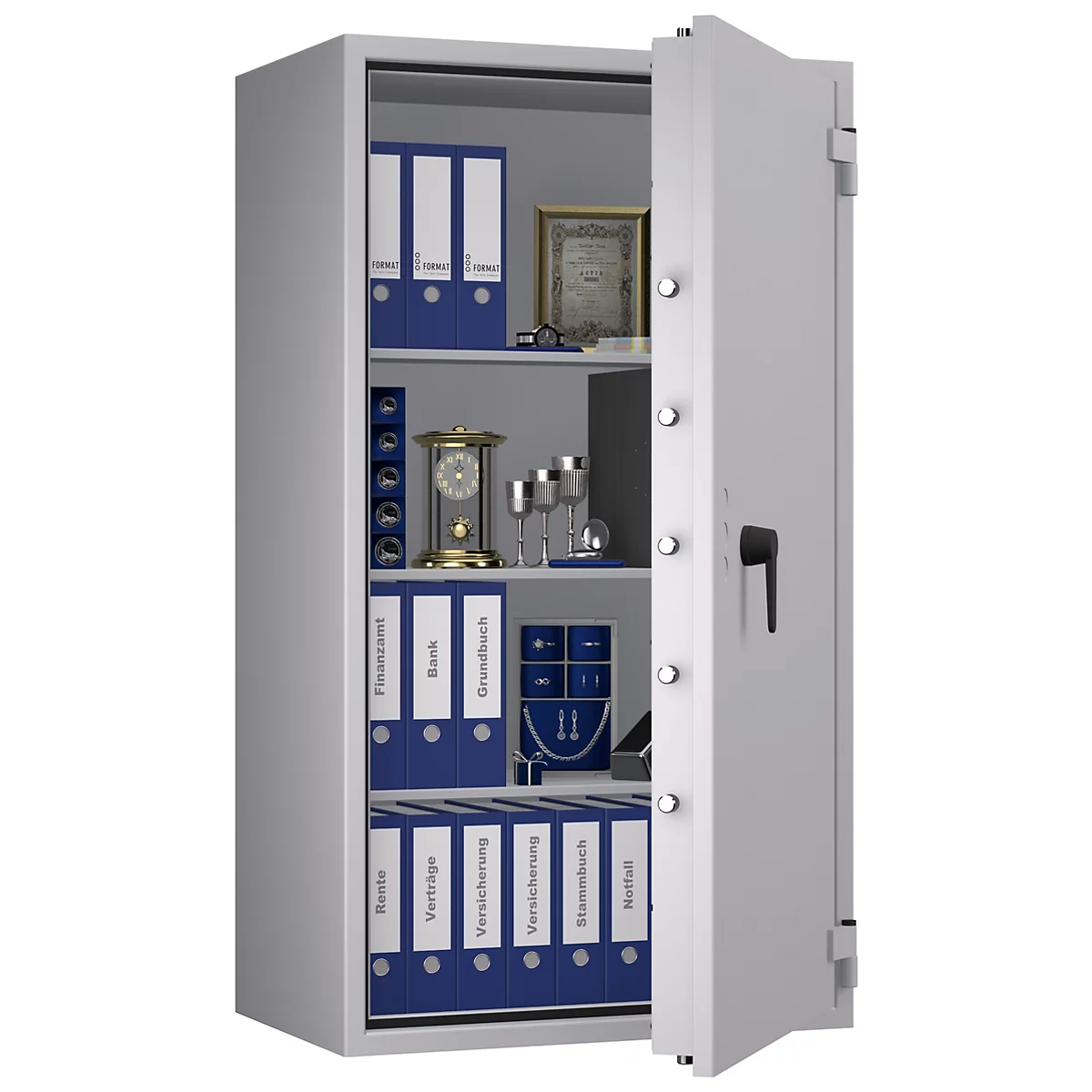 Grauer Tresor, geöffnet. Blaue Ordner, Urkunde, Uhr und Gläser im Inneren.