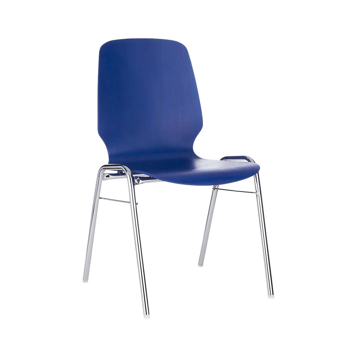 Blauer Stuhl mit verchromtem Gestell. Der Sitz und die Rückenlehne sind aus Kunststoff.