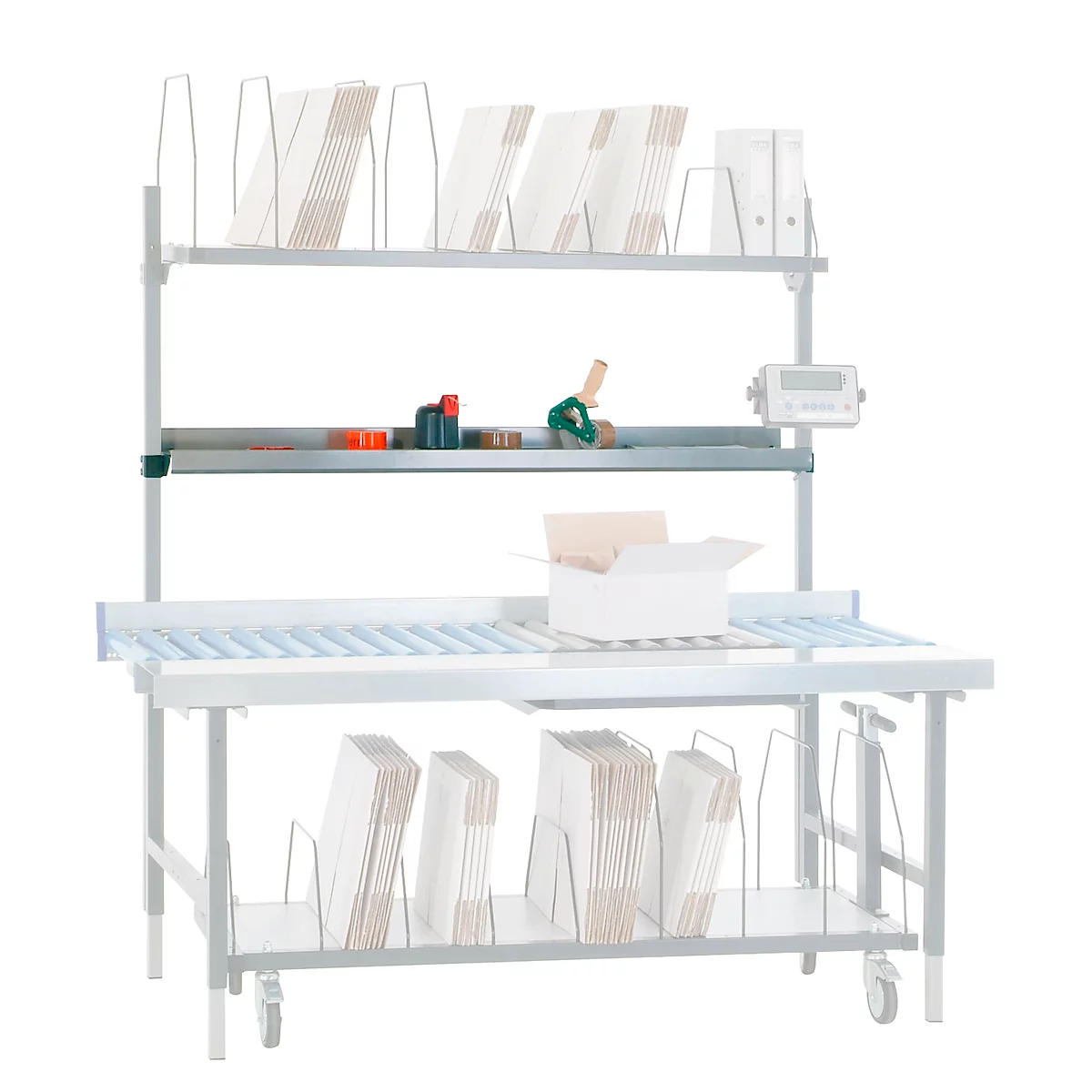 Formularablage für Pack- und Arbeitstisch Rocholz System 2000, höhenverstellbar, B 1630 x T 230 mm, Stahlblech, hellgrau