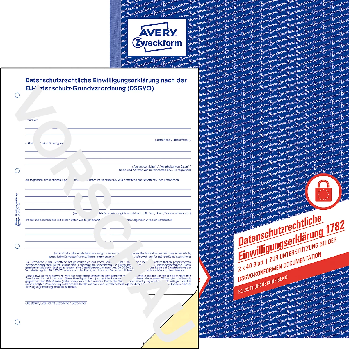 Formularbuch Avery® Zweckform Datenschutzrechtliche Einwilligungserklärung DSGVO 1782, A4, selbstdurchschreibend, Durchschläge & Lochung, 2 x 40 Blatt