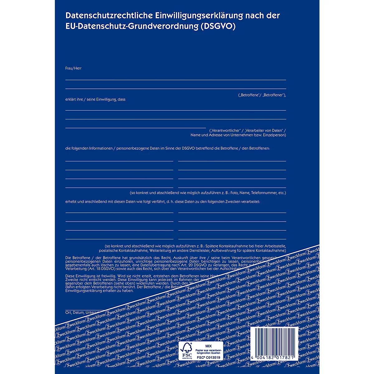 Formularbuch Avery® Zweckform Datenschutzrechtliche Einwilligungserklärung DSGVO 1782, A4, selbstdurchschreibend, Durchschläge & Lochung, 2 x 40 Blatt