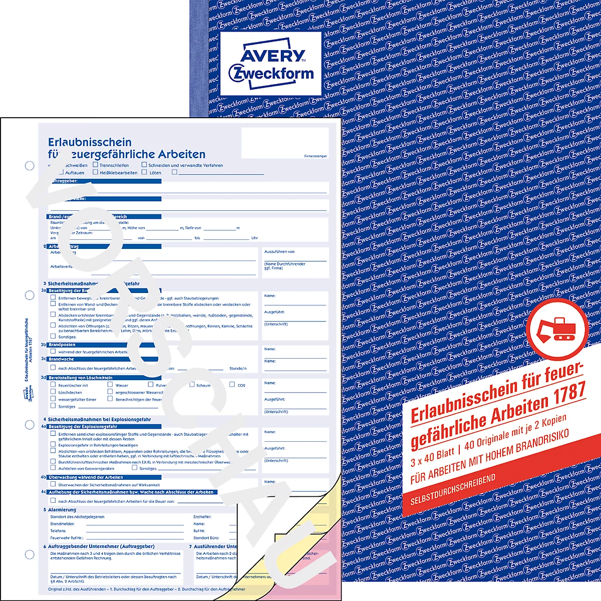 Formularbuch Avery® Zweckform Erlaubnisschein für feuergefährliche Arbeiten 1787, A4, selbstdurchschreibend, mit Durchschlägen & Lochung, 3 x 40 Blatt
