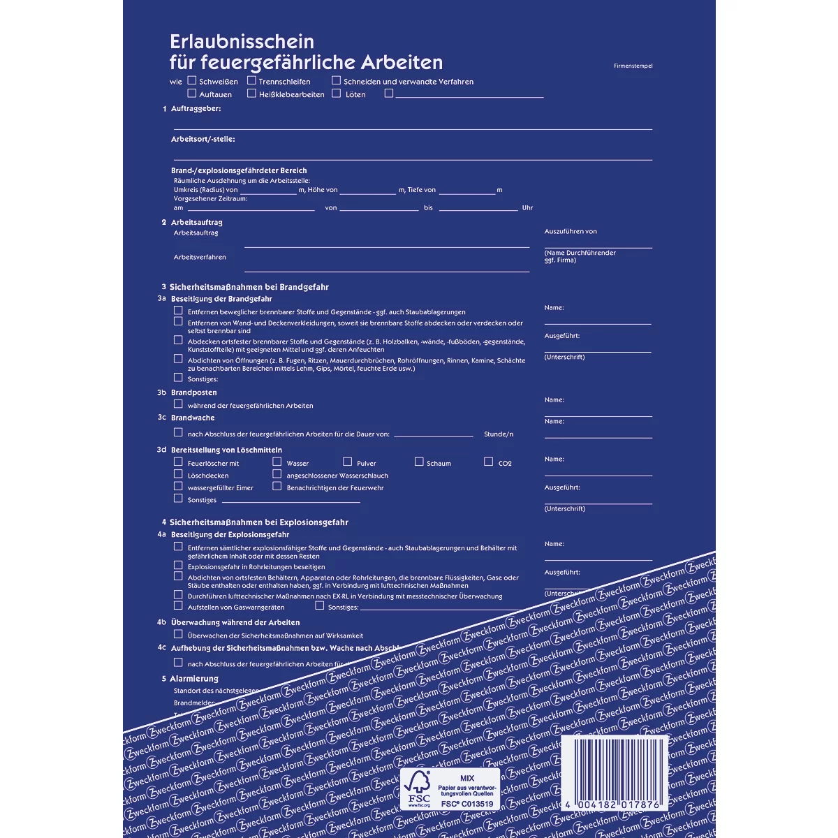 Formularbuch Avery® Zweckform Erlaubnisschein für feuergefährliche Arbeiten 1787, A4, selbstdurchschreibend, mit Durchschlägen & Lochung, 3 x 40 Blatt