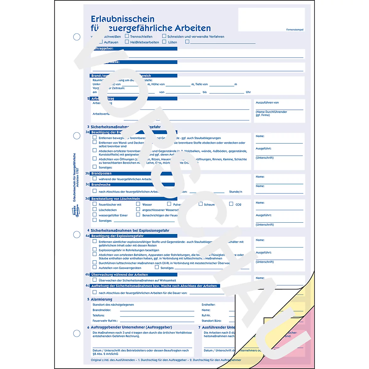 Formularbuch Avery® Zweckform Erlaubnisschein für feuergefährliche Arbeiten 1787, A4, selbstdurchschreibend, mit Durchschlägen & Lochung, 3 x 40 Blatt