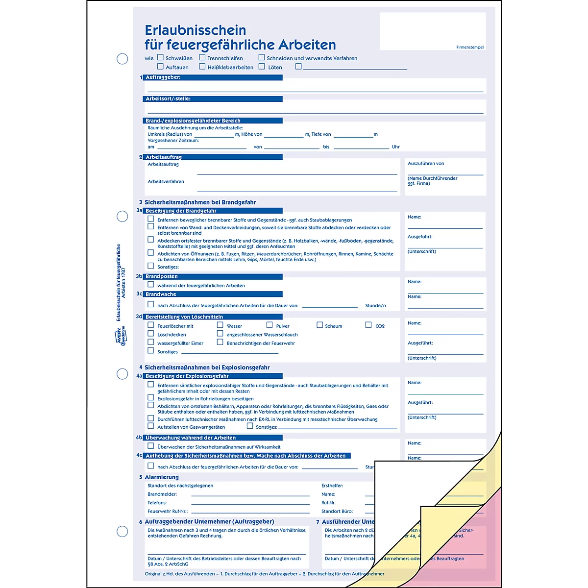 Formularbuch Avery® Zweckform Erlaubnisschein für feuergefährliche Arbeiten 1787, A4, selbstdurchschreibend, mit Durchschlägen & Lochung, 3 x 40 Blatt