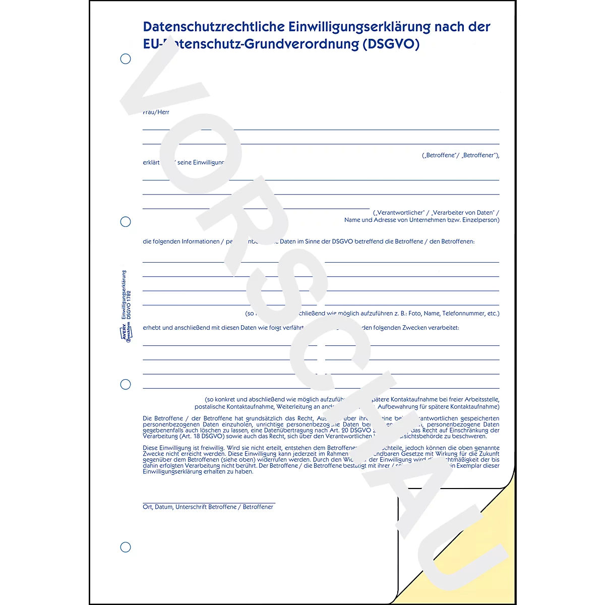 Formulierenboek Avery® Zweckform Datenschutzrechtliche Einwilligungserklärung DSGVO 1782, A4, doorschrijfpapier zonder carbon, doordruk &amp; perforatiegaten, 2 x 40 vel