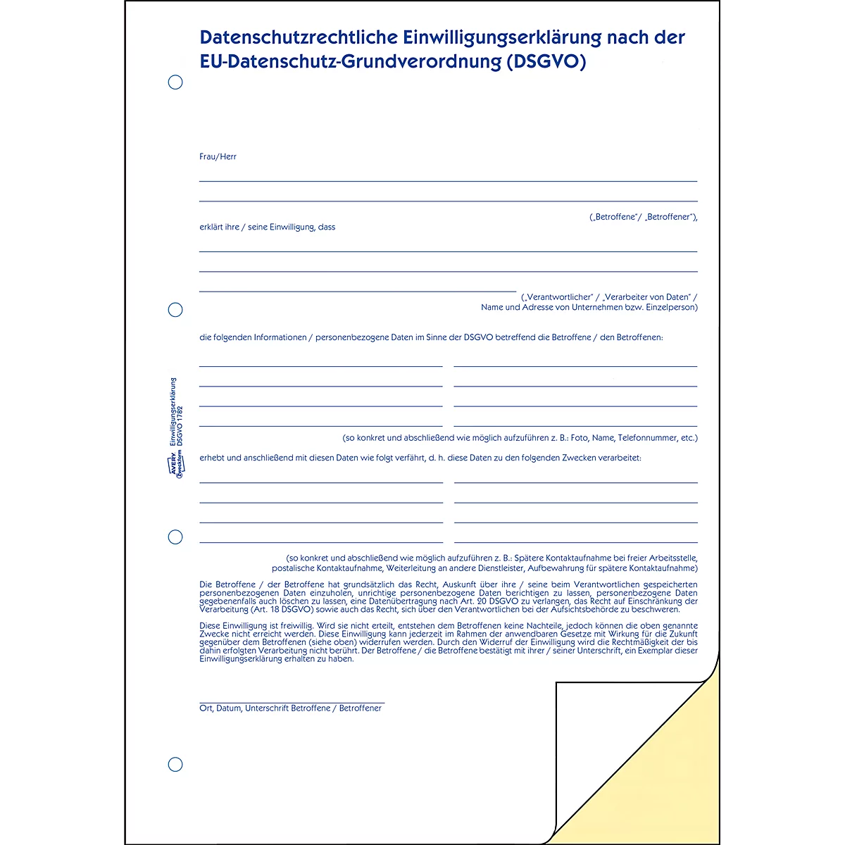Formulierenboek Avery® Zweckform Datenschutzrechtliche Einwilligungserklärung DSGVO 1782, A4, doorschrijfpapier zonder carbon, doordruk &amp; perforatiegaten, 2 x 40 vel