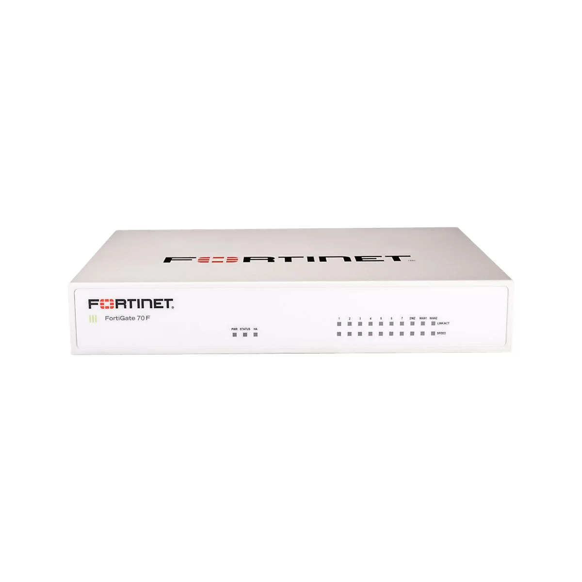 Weißer FortiGate 70 F Router. Aufschrift: Fortinet, FortiGate 70 F, PWR, Status, HA, DMZ, WAN1, WAN2, Link/Act, Speed.